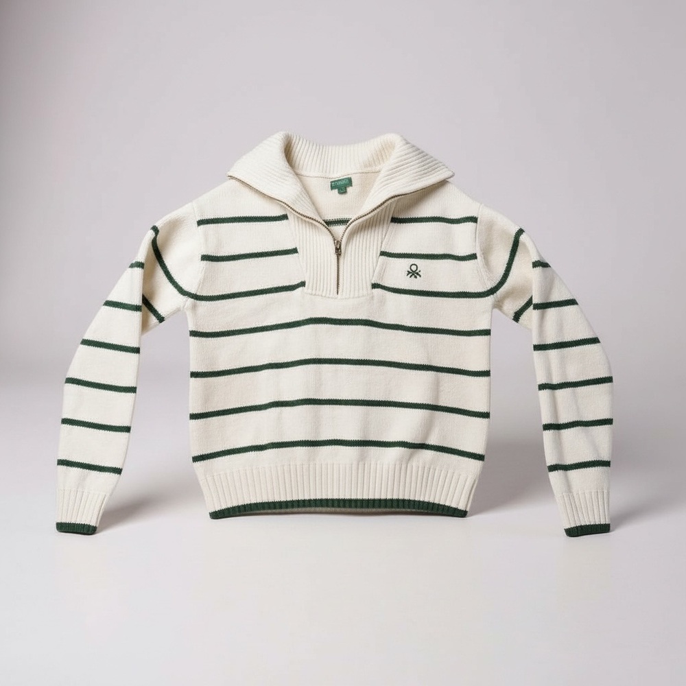United Colors Of Benetton Ivory/White and Green Zip-Up Sweater